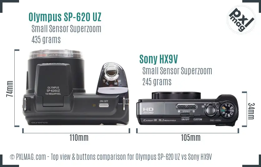 Olympus SP-620 UZ vs Sony HX9V top view buttons comparison