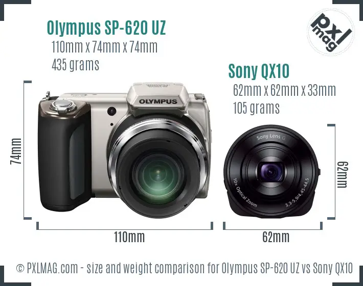 Olympus SP-620 UZ vs Sony QX10 size comparison