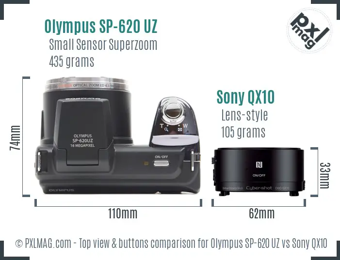 Olympus SP-620 UZ vs Sony QX10 top view buttons comparison