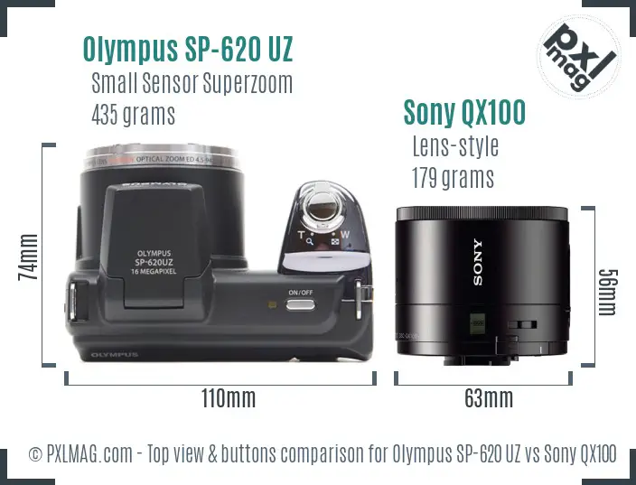 Olympus SP-620 UZ vs Sony QX100 top view buttons comparison Olympus SP-620 UZ vs Sony QX100 top view buttons comparison