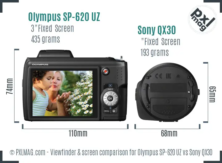 Olympus SP-620 UZ vs Sony QX30 Screen and Viewfinder comparison