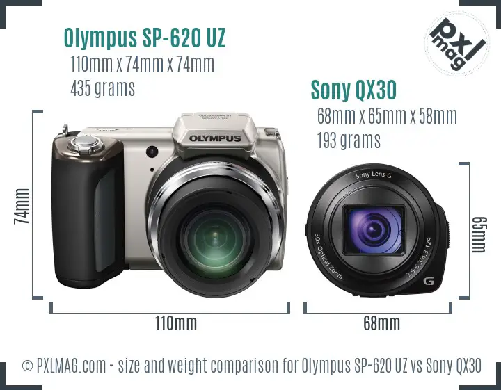 Olympus SP-620 UZ vs Sony QX30 size comparison