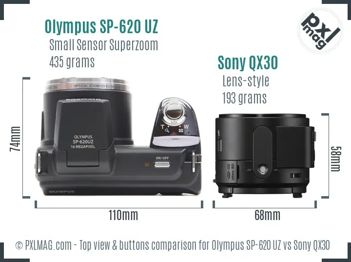 Olympus SP-620 UZ vs Sony QX30 top view buttons comparison