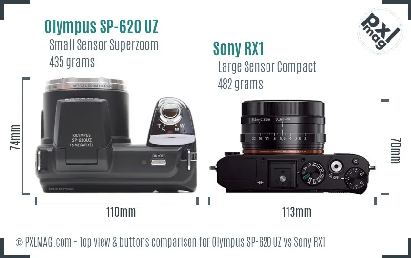 Olympus SP-620 UZ vs Sony RX1 top view buttons comparison