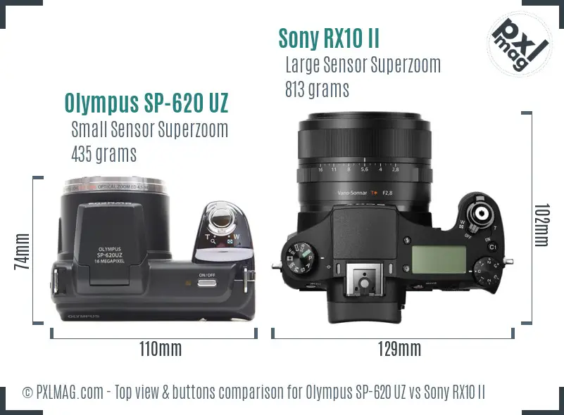 Olympus SP-620 UZ vs Sony RX10 II top view buttons comparison