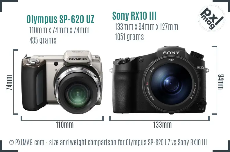 Olympus SP-620 UZ vs Sony RX10 III size comparison