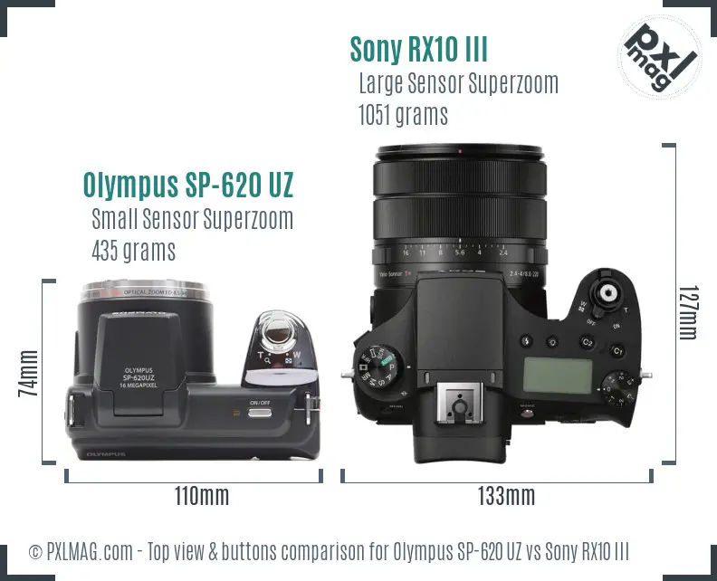 Olympus SP-620 UZ vs Sony RX10 III top view buttons comparison