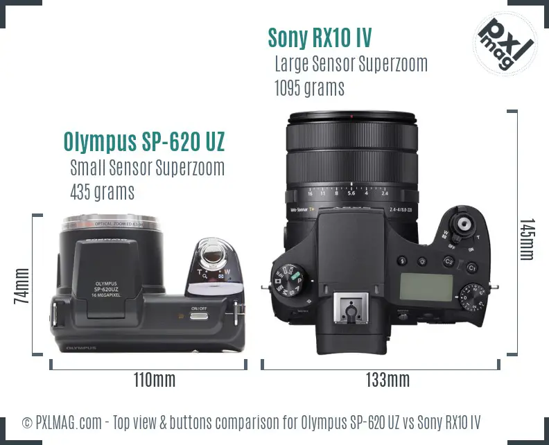 Olympus SP-620 UZ vs Sony RX10 IV top view buttons comparison