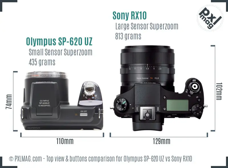 Olympus SP-620 UZ vs Sony RX10 top view buttons comparison