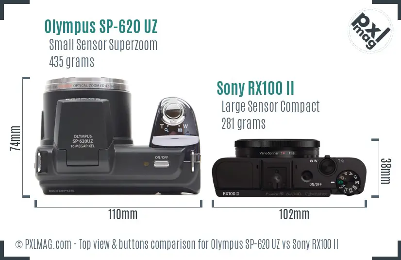 Olympus SP-620 UZ vs Sony RX100 II top view buttons comparison