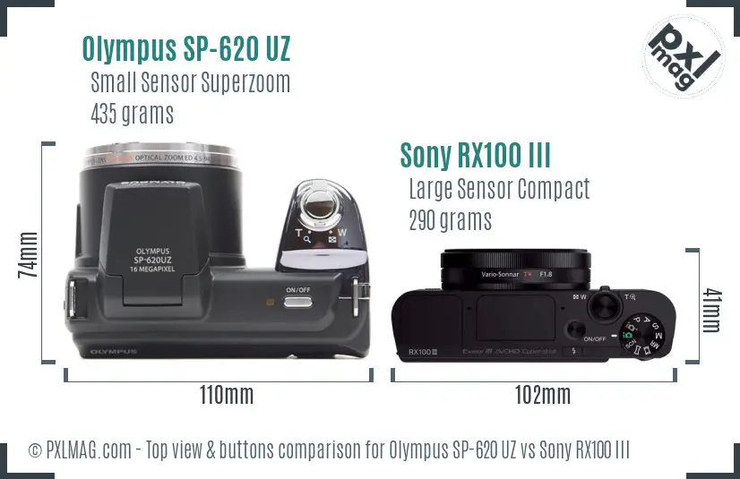 Olympus SP-620 UZ vs Sony RX100 III top view buttons comparison