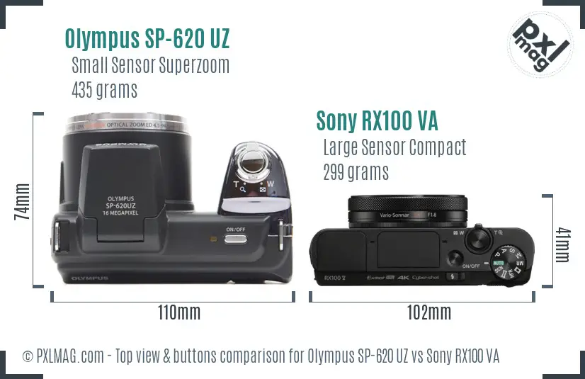 Olympus SP-620 UZ vs Sony RX100 VA top view buttons comparison