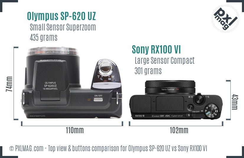 Olympus SP-620 UZ vs Sony RX100 VI top view buttons comparison