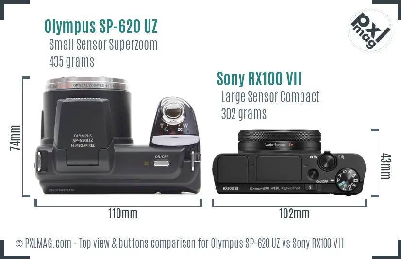 Olympus SP-620 UZ vs Sony RX100 VII top view buttons comparison