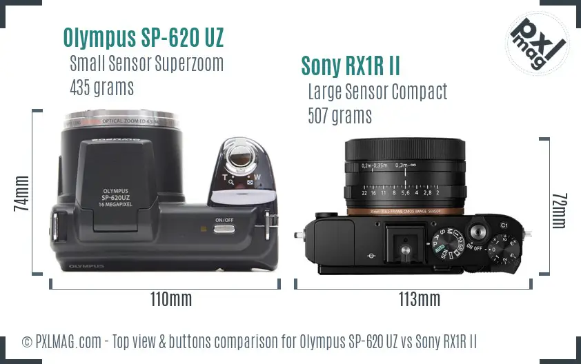 Olympus SP-620 UZ vs Sony RX1R II top view buttons comparison