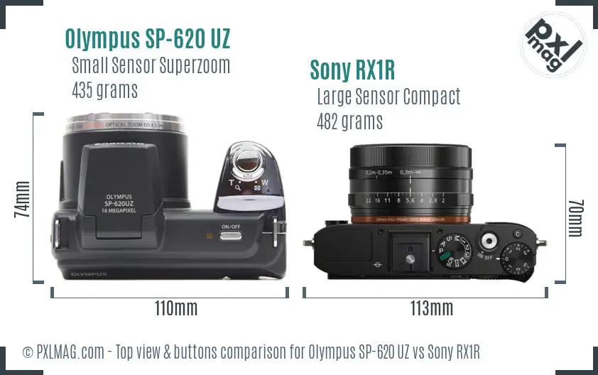 Olympus SP-620 UZ vs Sony RX1R top view buttons comparison Olympus SP-620 UZ vs Sony RX1R top view buttons comparison