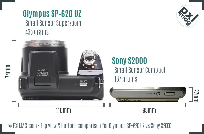 Olympus SP-620 UZ vs Sony S2000 top view buttons comparison