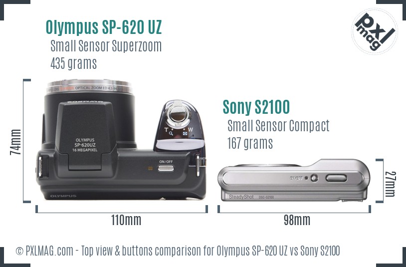 Olympus SP-620 UZ vs Sony S2100 top view buttons comparison
