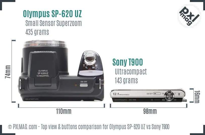 Olympus SP-620 UZ vs Sony T900 top view buttons comparison