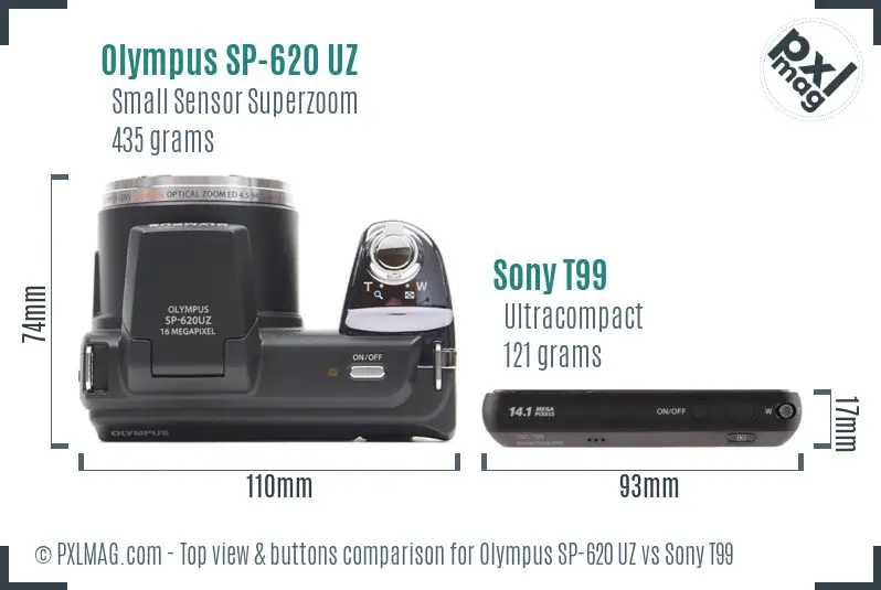 Olympus SP-620 UZ vs Sony T99 top view buttons comparison