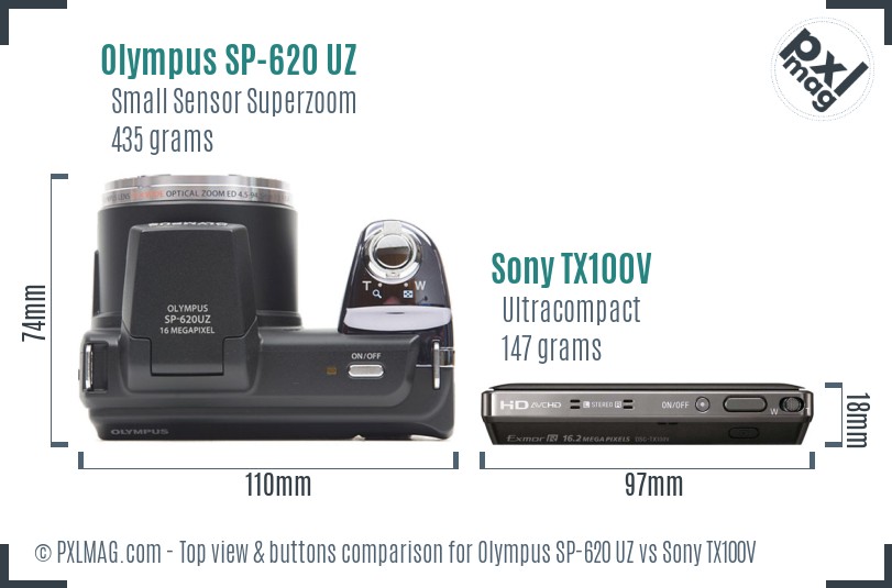 Olympus SP-620 UZ vs Sony TX100V top view buttons comparison