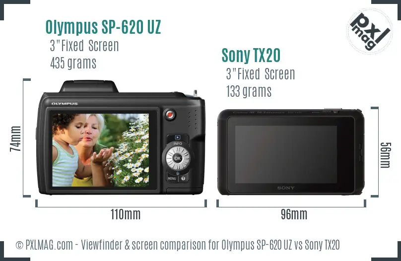 Olympus SP-620 UZ vs Sony TX20 Screen and Viewfinder comparison