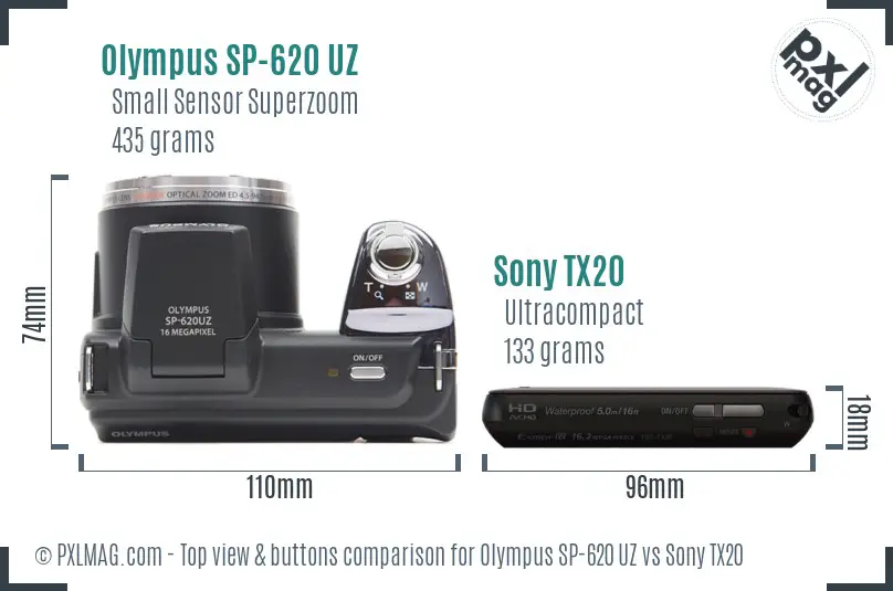 Olympus SP-620 UZ vs Sony TX20 top view buttons comparison