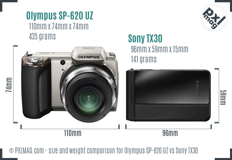 Olympus SP-620 UZ vs Sony TX30 size comparison