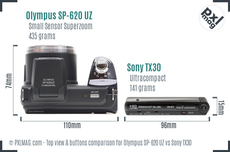 Olympus SP-620 UZ vs Sony TX30 top view buttons comparison