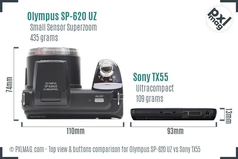 Olympus SP-620 UZ vs Sony TX55 top view buttons comparison