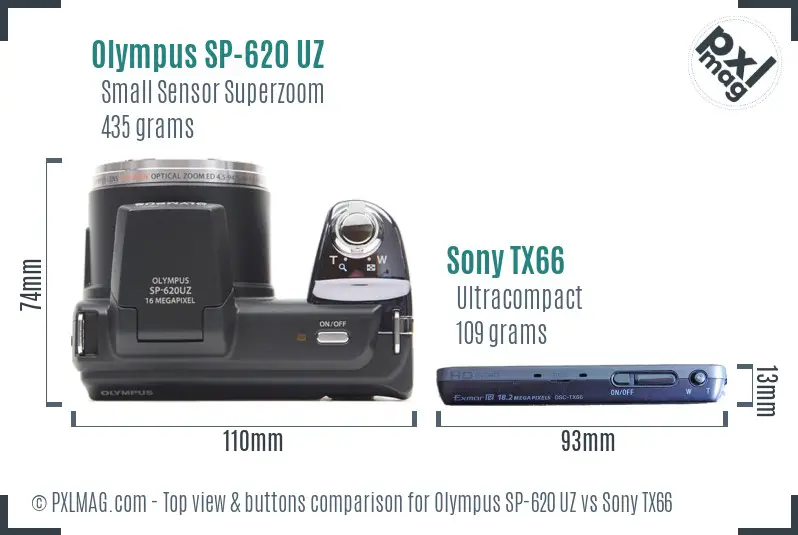Olympus SP-620 UZ vs Sony TX66 top view buttons comparison Olympus SP-620 UZ vs Sony TX66 top view buttons comparison