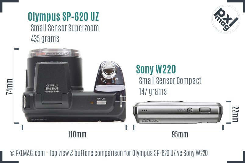 Olympus SP-620 UZ vs Sony W220 top view buttons comparison