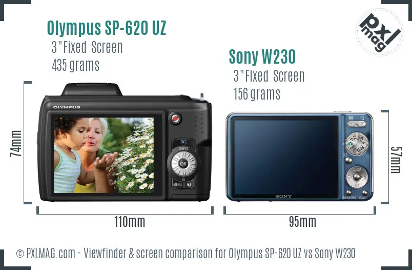 Olympus SP-620 UZ vs Sony W230 Screen and Viewfinder comparison