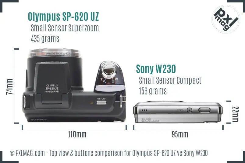 Olympus SP-620 UZ vs Sony W230 top view buttons comparison