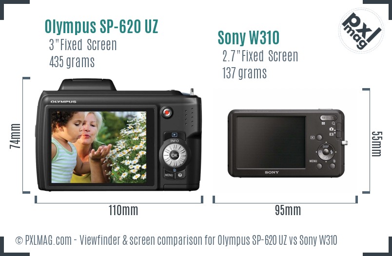 Olympus SP-620 UZ vs Sony W310 Screen and Viewfinder comparison