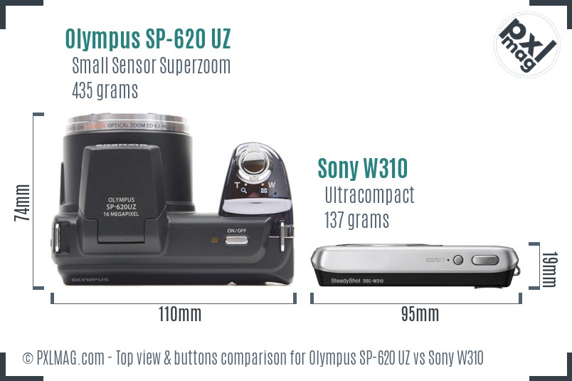 Olympus SP-620 UZ vs Sony W310 top view buttons comparison