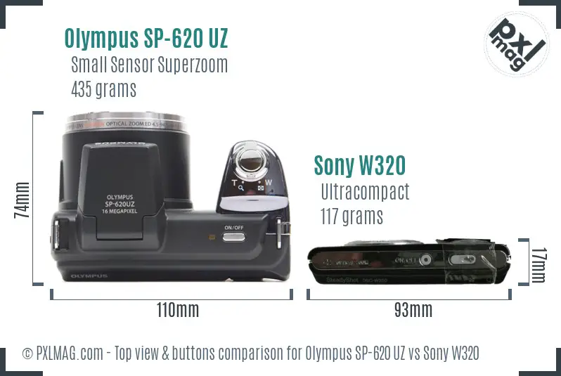 Olympus SP-620 UZ vs Sony W320 top view buttons comparison