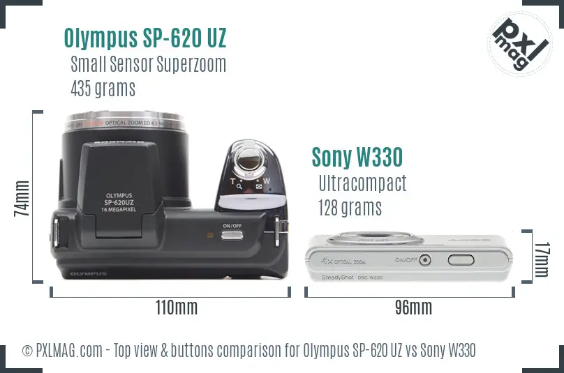 Olympus SP-620 UZ vs Sony W330 top view buttons comparison