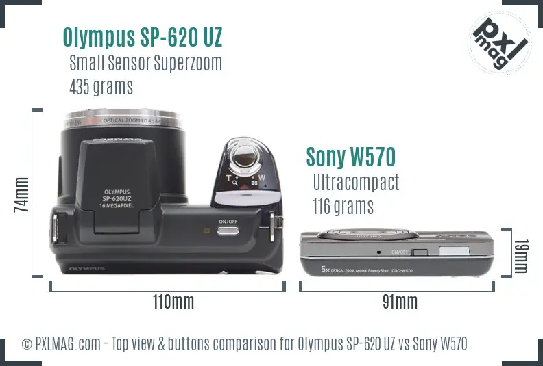 Olympus SP-620 UZ vs Sony W570 top view buttons comparison Olympus SP-620 UZ vs Sony W570 top view buttons comparison