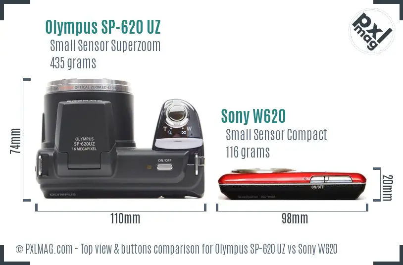 Olympus SP-620 UZ vs Sony W620 top view buttons comparison