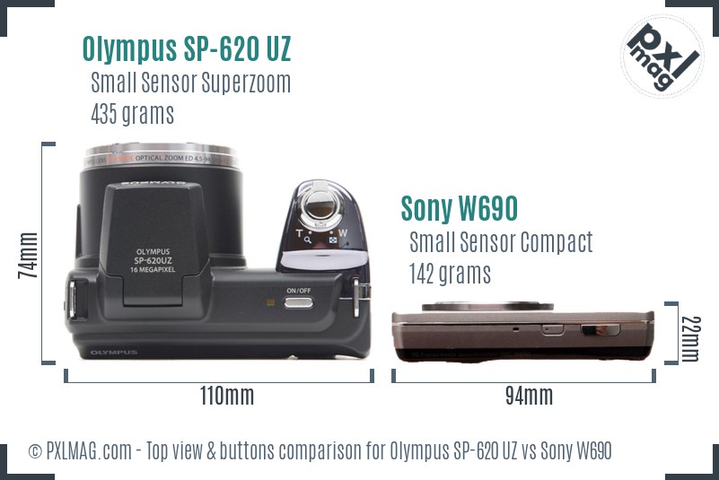 Olympus SP-620 UZ vs Sony W690 top view buttons comparison