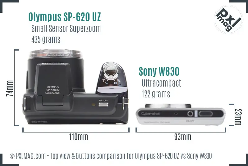 Olympus SP-620 UZ vs Sony W830 top view buttons comparison