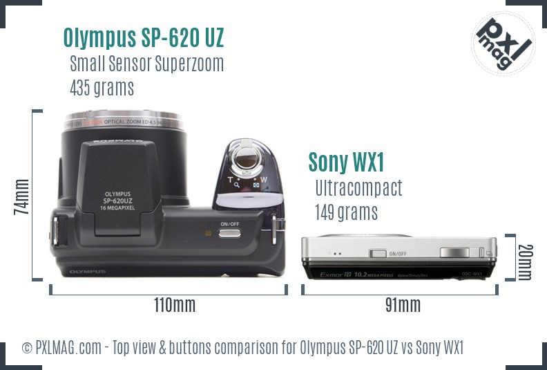 Olympus SP-620 UZ vs Sony WX1 top view buttons comparison