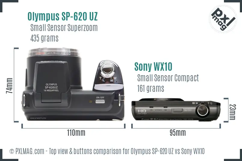 Olympus SP-620 UZ vs Sony WX10 top view buttons comparison