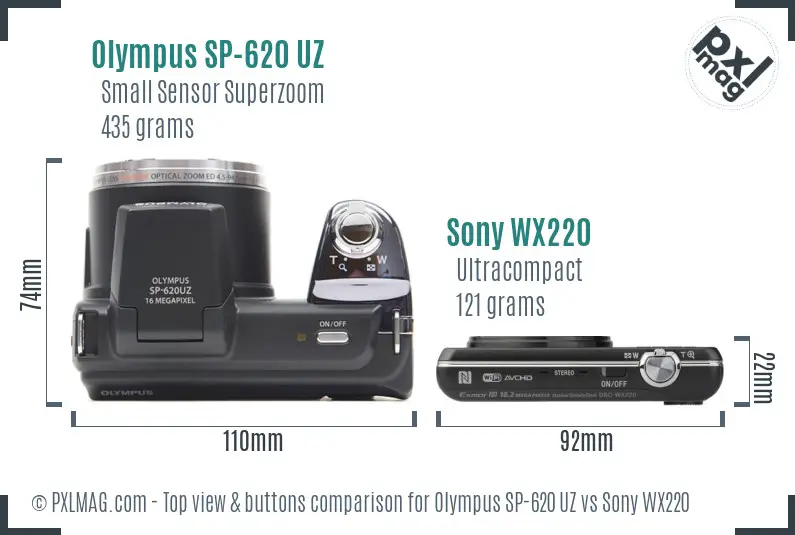 Olympus SP-620 UZ vs Sony WX220 top view buttons comparison