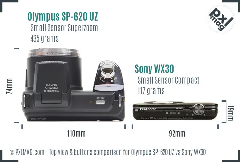 Olympus SP-620 UZ vs Sony WX30 top view buttons comparison