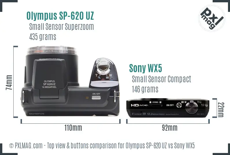 Olympus SP-620 UZ vs Sony WX5 top view buttons comparison