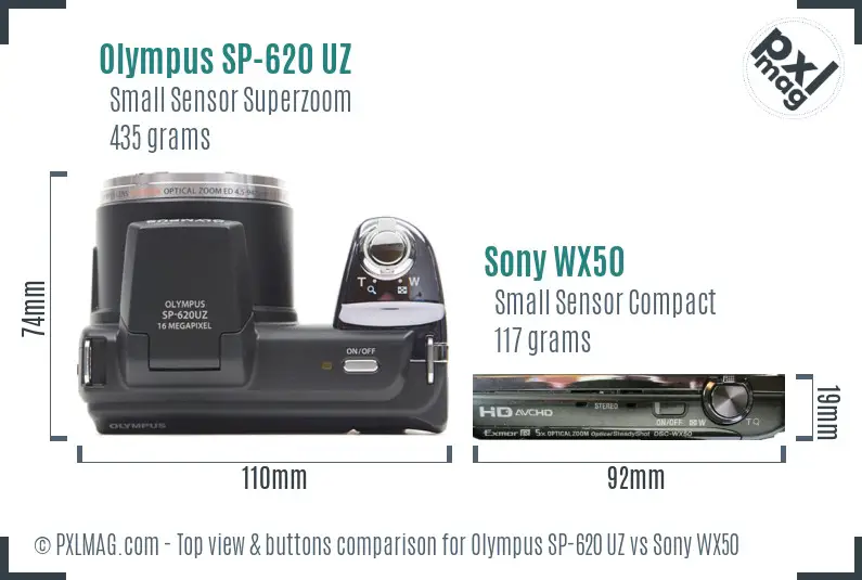 Olympus SP-620 UZ vs Sony WX50 top view buttons comparison