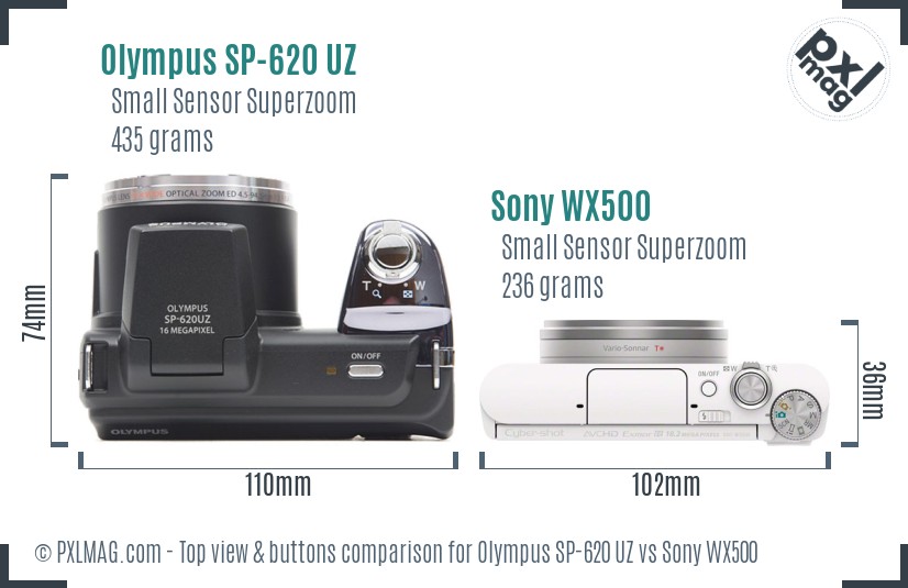 Olympus SP-620 UZ vs Sony WX500 top view buttons comparison