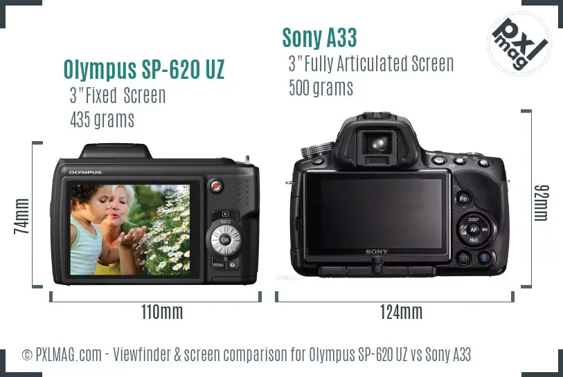 Olympus SP-620 UZ vs Sony A33 Screen and Viewfinder comparison